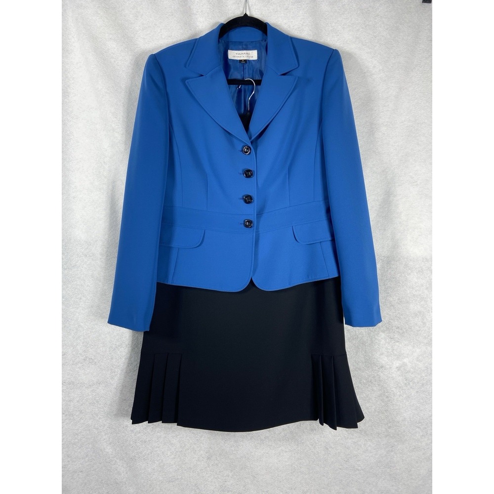 Tahari Asl 2PC Skirt Suit Women's 12 Blue Black Blazer Buttons Pleated Hem